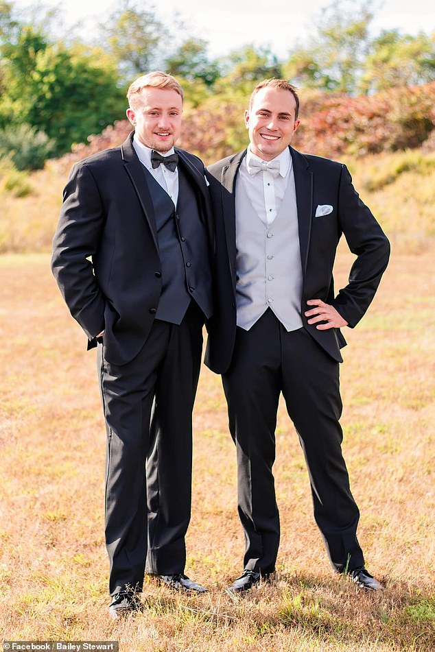 Thomas (left) at a wedding where he was the best man for his friend Tyler