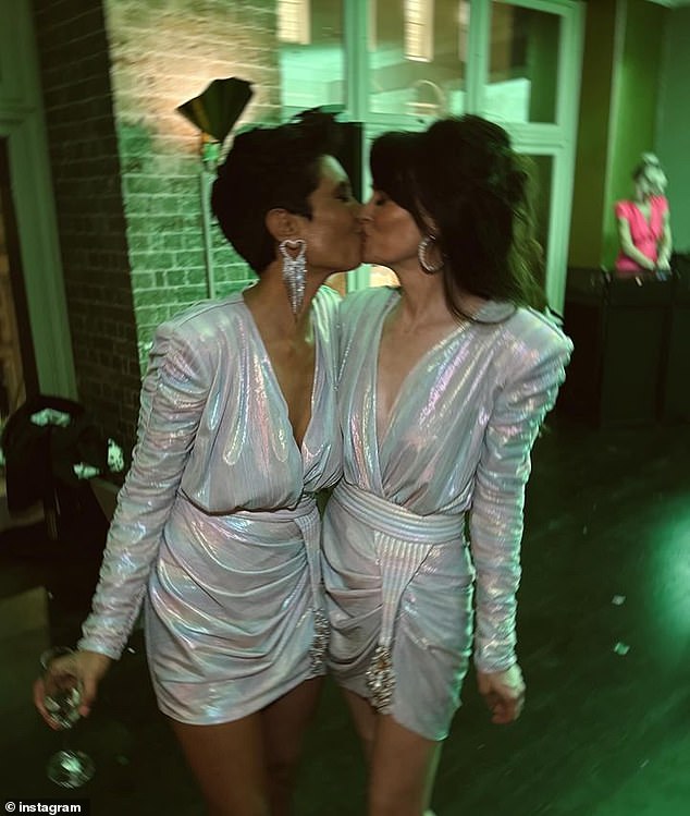 The new wives wore matching opalescent disco dresses with plunging necklines and an '80s-style silhouette