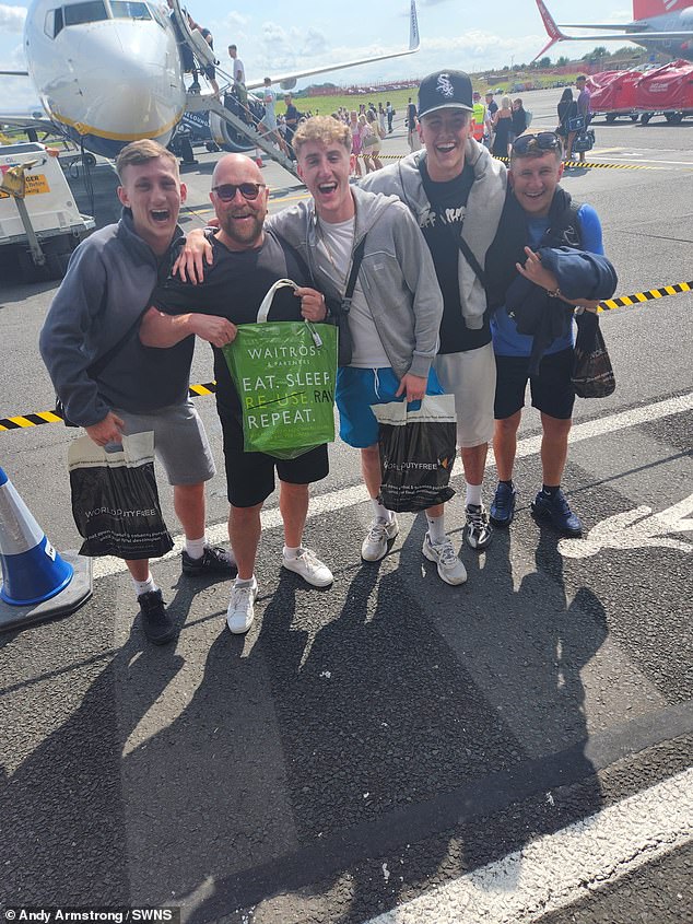 The raver partied all night until 5am on Friday before heading home. After landing on British soil, Andy caught a train and arrived home 24 hours after leaving - the whole journey costing less than £200. Pictured on the way to Ibiza