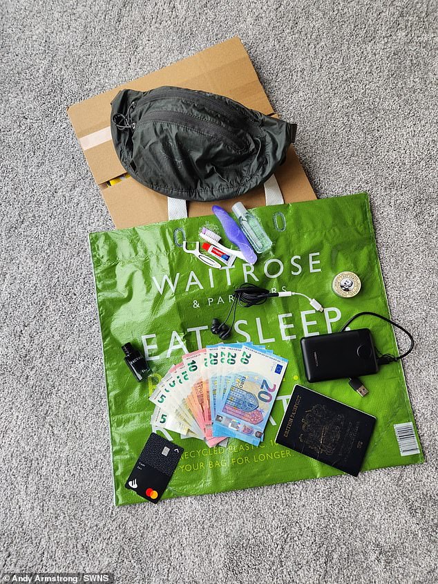 The contents of Andy Armstrong's bag. A party animal dad jetted off to Ibiza for 24 hours of raving - with nothing but a change of clothes in a Waitrose tote bag