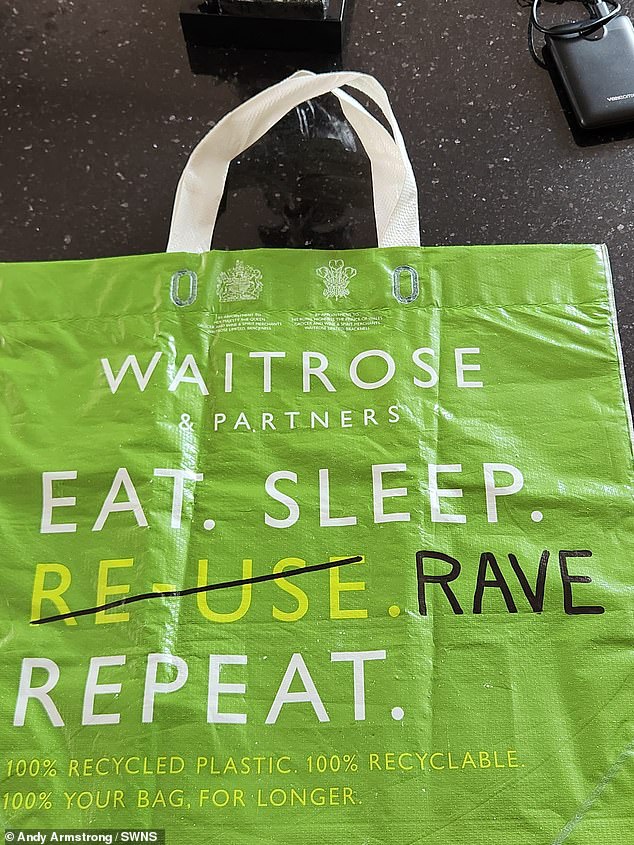 Andy personalised his Waitrose bag (pictured) as he headed to Ibiza for a 24-hour adventure and back