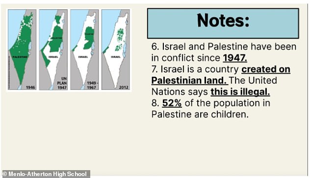 But some of the course content has been mired in accusations of anti-Semitism. An ethnic studies teacher at Menlo-Atherton High School in Sequoia drew outrage after her class falsely claimed the United Nations considered the creation of Israel illegal (pictured)