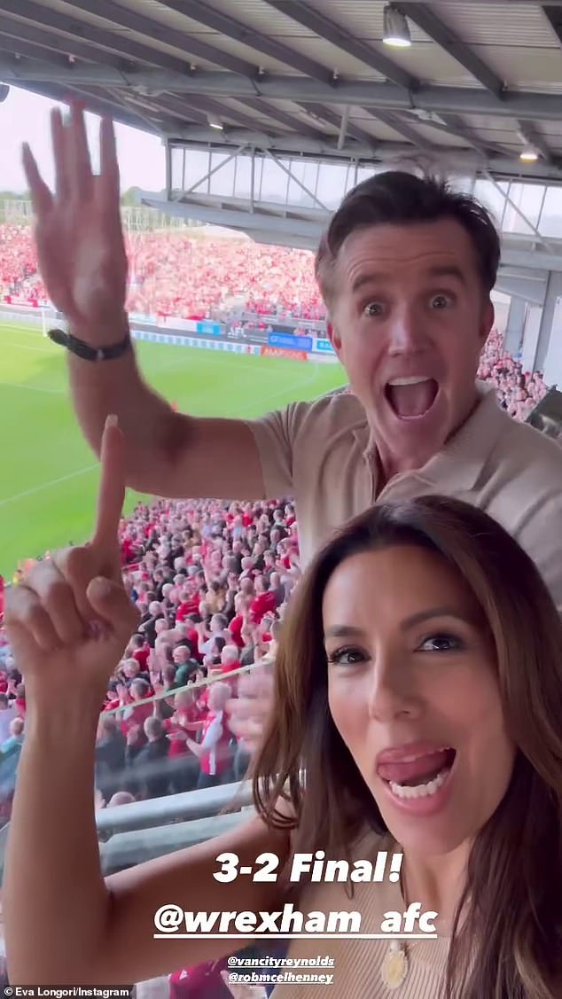 Eva Longoria joined Ryan Reynolds at Wrexham AFC on Sunday and the pair cheered together in the big win