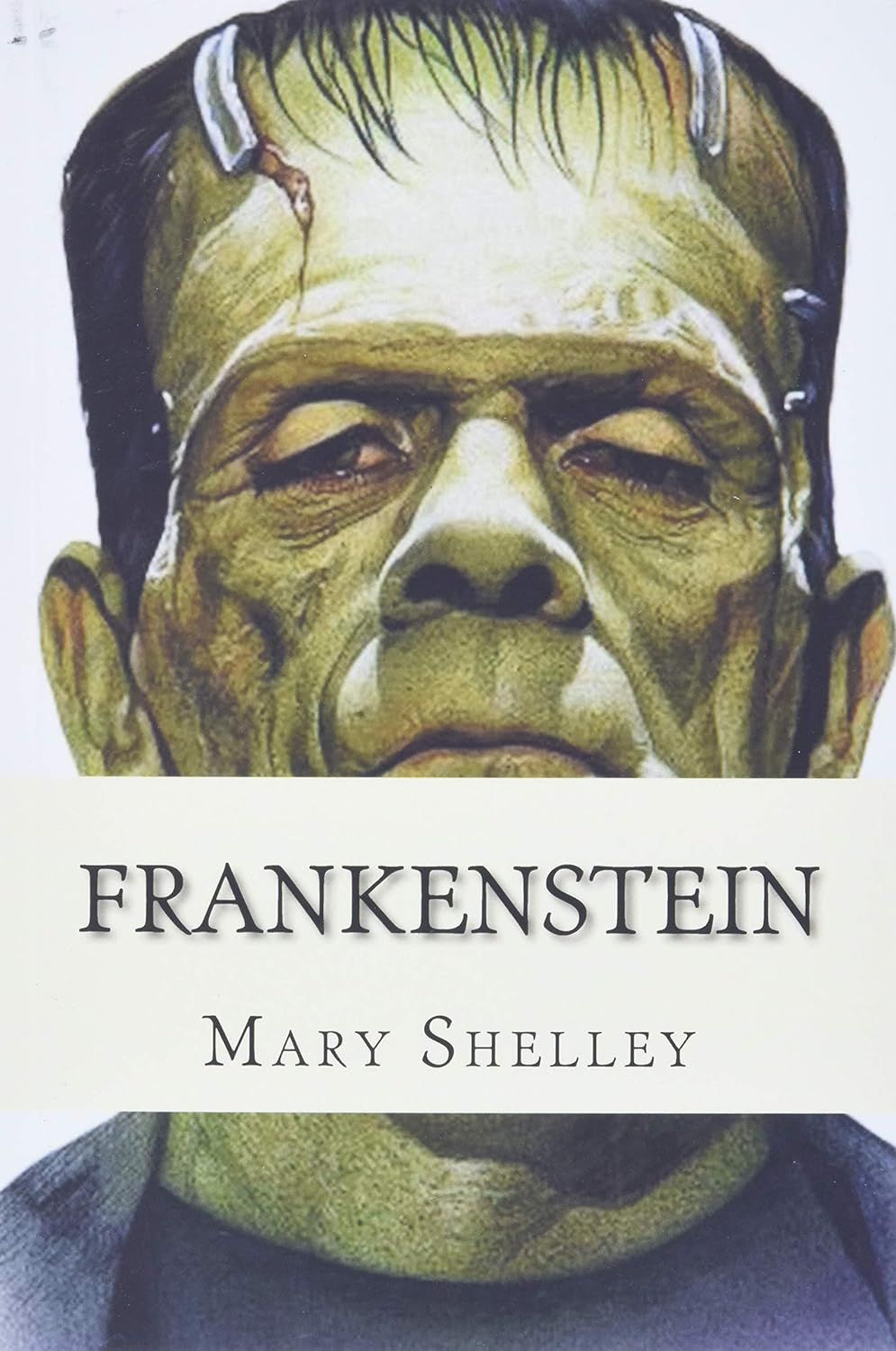 The cover of Frankenstein by Mary Shelley, showing the image of the monster behind the title 