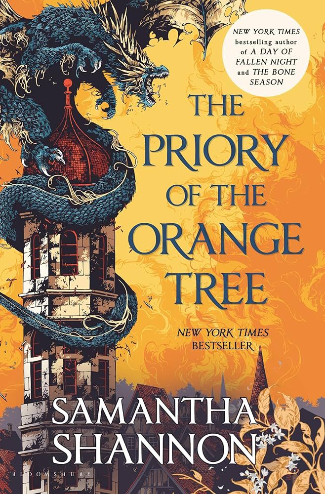 The cover of The Priory of the Orange Tree with an orange background and a dragon wrapped around a tower