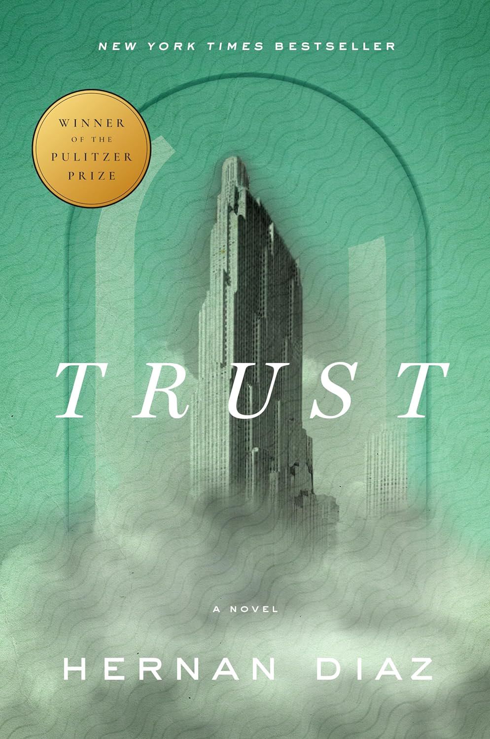 The book cover for Trust with a green background and a tower in the middle 