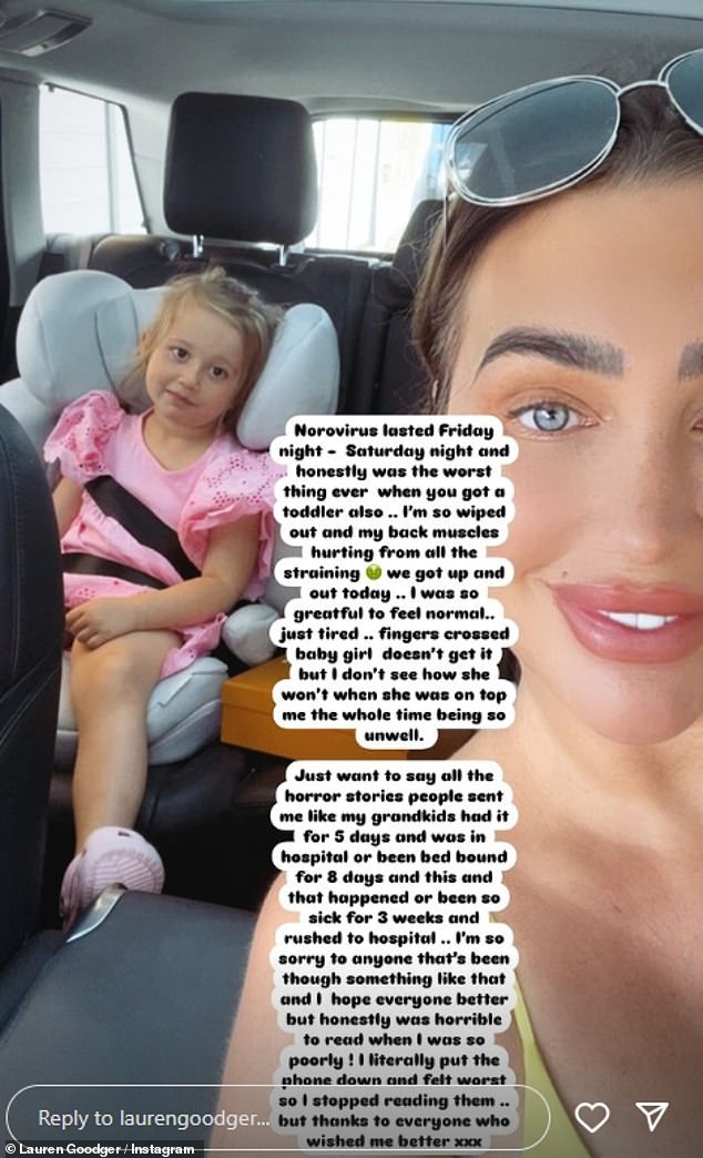 The 37-year-old TOWIE star shared on her Instagram Stories that she is trying to recover from norovirus