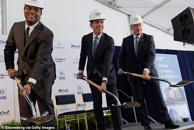 Ross Perot Jr., chairman of Hillwood Development Co LLC, from right, John Waldron, president and chief operating officer of Goldman Sachs Group Inc., and Eric Johnson, mayor of Dallas, at a groundbreaking ceremony for Goldman Sachs' new Dallas campus