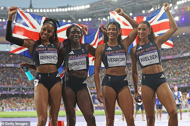 Team Great Britain's Amber Anning, Victoria Ohuruogu, Nicole Yeargin and Laviai Nielsen celebrate bronze in Saturday's women's 4 x 400 metres final