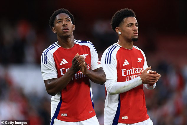 Arsenal youngsters Ethan Nwaneri (right) and Myles Lewis-Skelly had a chance in the 78th minute