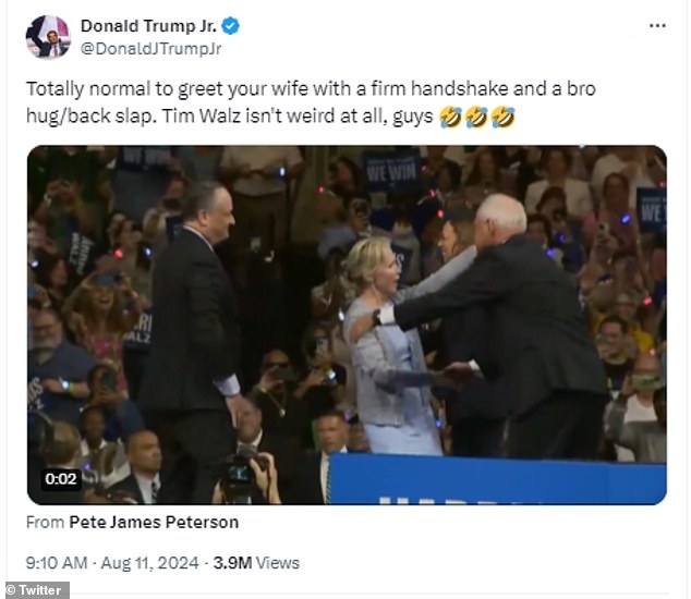 Donald Trump Jr. posted a video of the awkward onstage handshake between Tim and Gwen Walz that turned into a sideways hug