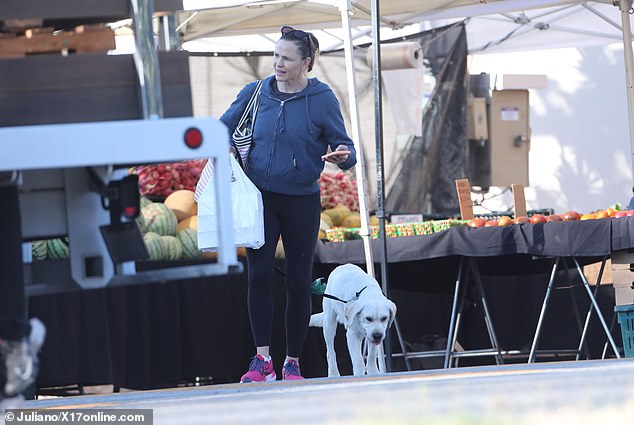 Her brunette locks were thrown into a messy bun as she led her adorable Labrador Retriever