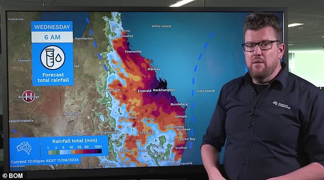 BoM meteorologist Dean Narramore (pictured) said the trough could linger into Monday or Tuesday, leading to heavier falls concentrated in central Queensland.