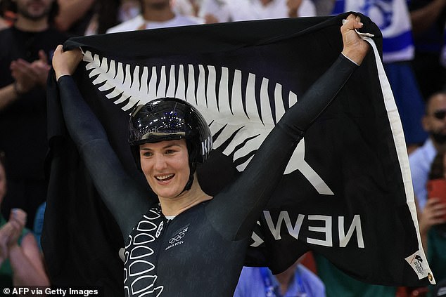 New Zealand's Ellesse Andrews celebrates her victory in the women's track cycling sprint final, but is quickly forgotten by the Paris Olympics organisers