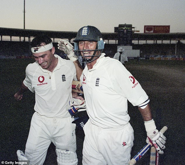 England captain Nasser Hussain (left) and Graham Thorpe (right) celebrate England's historic series win over Pakistan in 2000. They were best friends