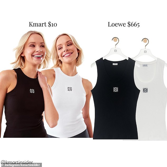 The Kmart Sleeveless Rib Embroidery Tank, $10, bears a striking resemblance to luxury Spanish brand Loewe's Embroidered Rib Stretch Cotton Tank, $665