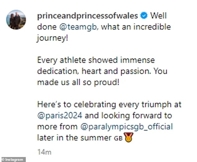 In a social media post, the royal couple spoke about Team GB's 'incredible journey'