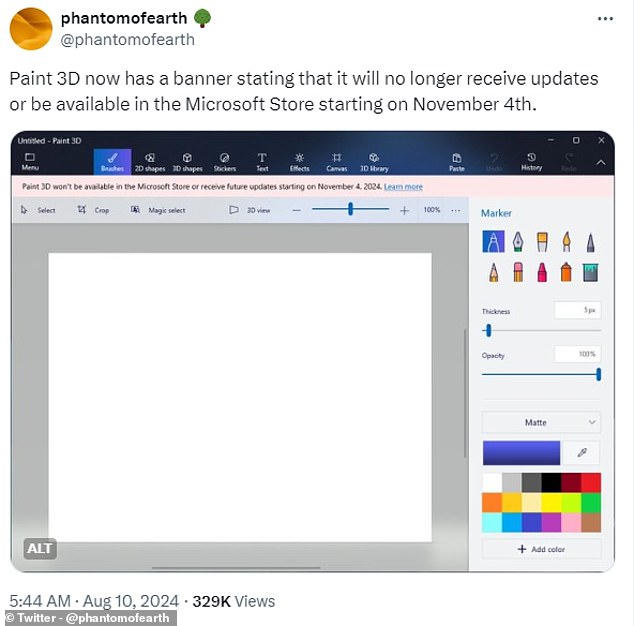 The news was first reported by famed leaker 'phantomofearth', who spotted a banner in the Paint 3D app. 'Paint 3D now has a banner stating that it will no longer receive updates or be available on the Microsoft Store starting November 4th,' they posted on X (formerly Twitter)