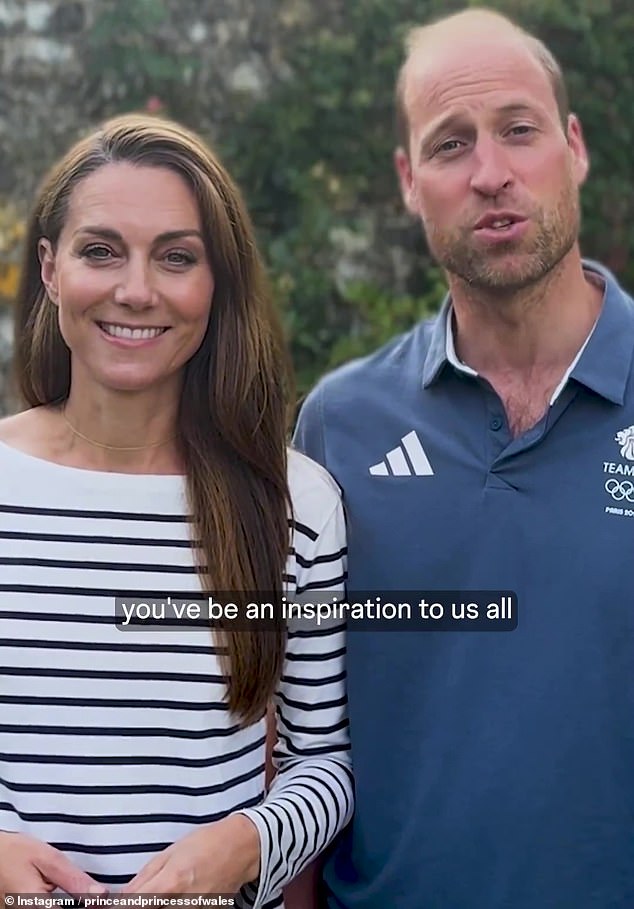 After being introduced by American rapper Snoop Dogg, the Princess of Wales - who was dressed in a striped Ralph Lauren T-shirt - told the athletes: 'Congratulations to Team GB'