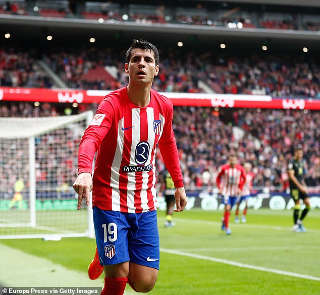 Morata celebrates a goal for Atletico Madrid last season by making an 'A' (for Alice) with the fingers of his right hand