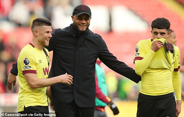 Kompany (centre) and Gudmundsson (left) pictured in April after a 4-1 win at Sheffield United