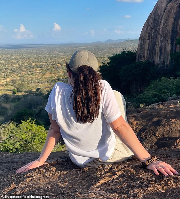 The Pam & Tommy actress shared a series of photos of her exploring the Kenyan countryside, riding through parks in a jeep and looking out over the vast mountain ranges