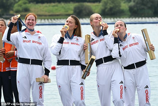 Georgina Brayshaw, Lola Anderson, Hannah Scott and Lauren Henry celebrate winning gold