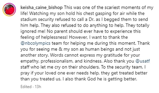 Keisha Caine Bishop says stadium security initially refused to call a doctor for Lyles, who was suffering from Covid-19