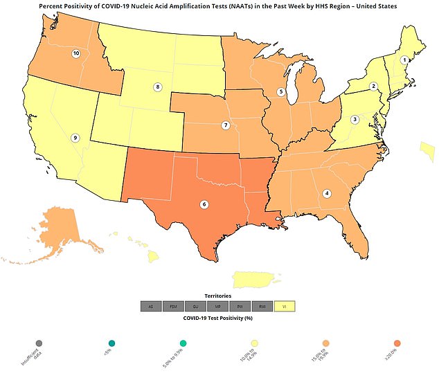 Above you can see the percentage of positive Covid tests in the past week by region in the US.