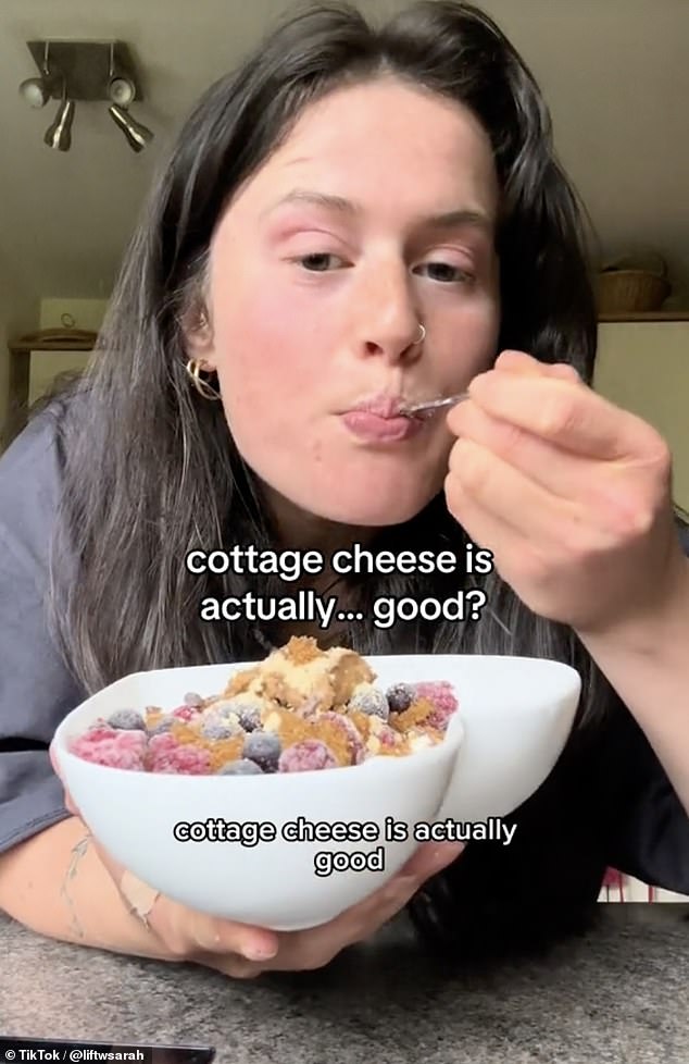 Sarah then tried it with Greek yoghurt, almond butter and fruit for a healthy breakfast, and said: 'maturing is realising that cottage cheese is actually good'