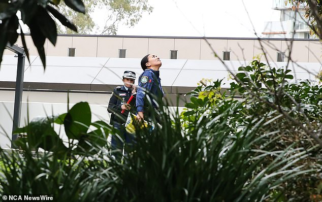 The 21-year-old woman was found dead at 8.50am on Monday in an apartment on Conder Street in central Sydney (pictured are officers at the scene)