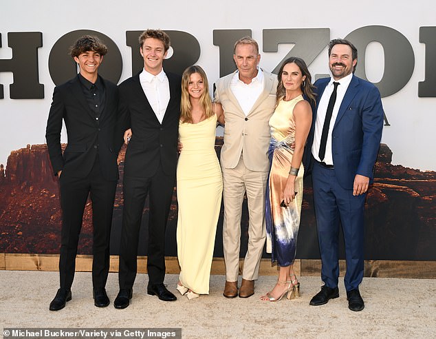 Kevin's public outings with his kids are rare, but he and several of his children made a public appearance in June at the premiere of Horizon: An American Saga — Chapter 1; pictured with (L–R): Hayes, Cayden, Grace, Annie and Joe Tedrick Costner in June in LA