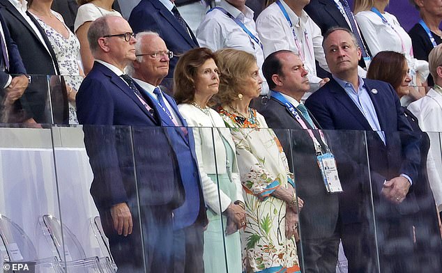 Prince Albert II of Monaco, King Carl XVI Gustaf of Sweden, his wife Queen Silvia, former Queen Sofia of Spain and American Second Sir Doug Emhoff attend the closing ceremony