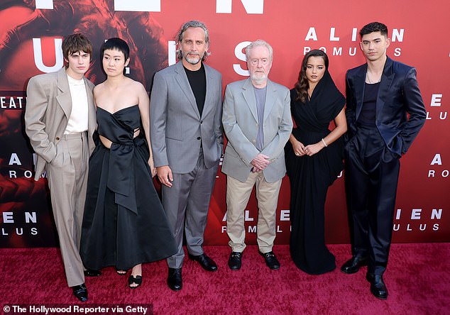 Ridley joined some of the cast of the 20th Century Fox film at the TCL Chinese Theatre in Los Angeles on Monday night (pictured from left are Spike Fearn, Aileen Wu, Fede Ãlvarez, Ridley Scott, Isabela Merced and Archie Renaux)