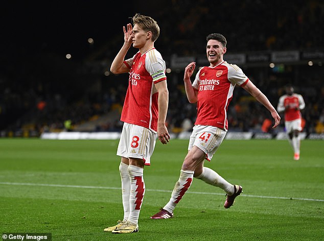 Martin Odegaard (left) is on the shortlist, but Arsenal team-mate Declan Rice (right) is not.