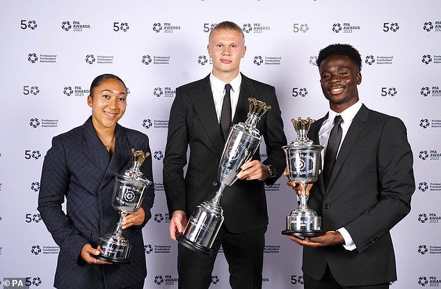 Lauren James (left) won the award for best female young player of the year last year, while Arsenal's Bukayo Saka (right) took the male equivalent