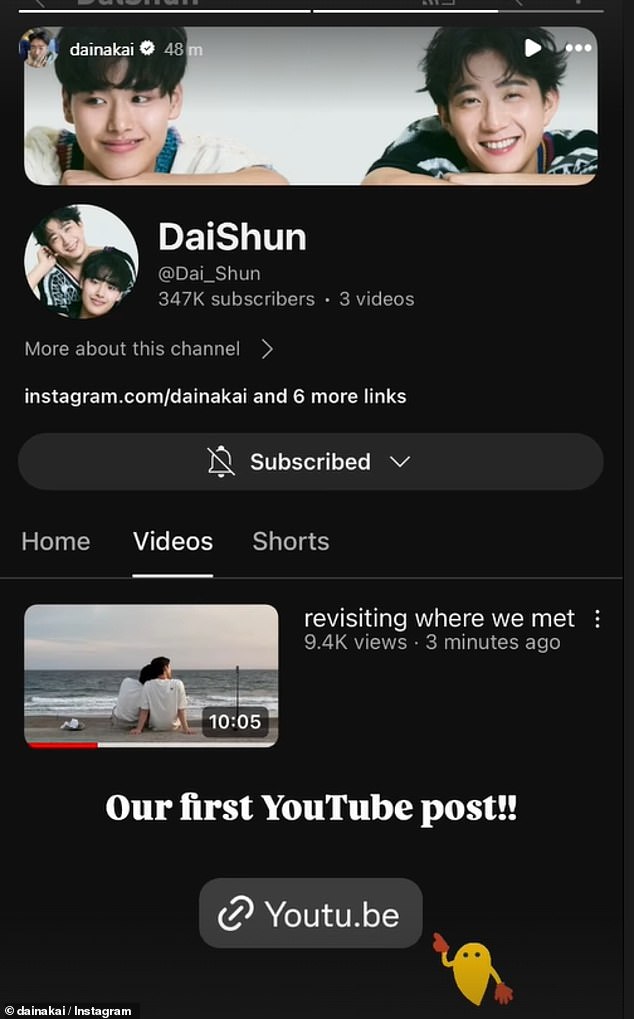 Dai shared the news of their latest vlog via his Instagram Story, adding a link to the video and their account, which already has over 350,000 subscribers.