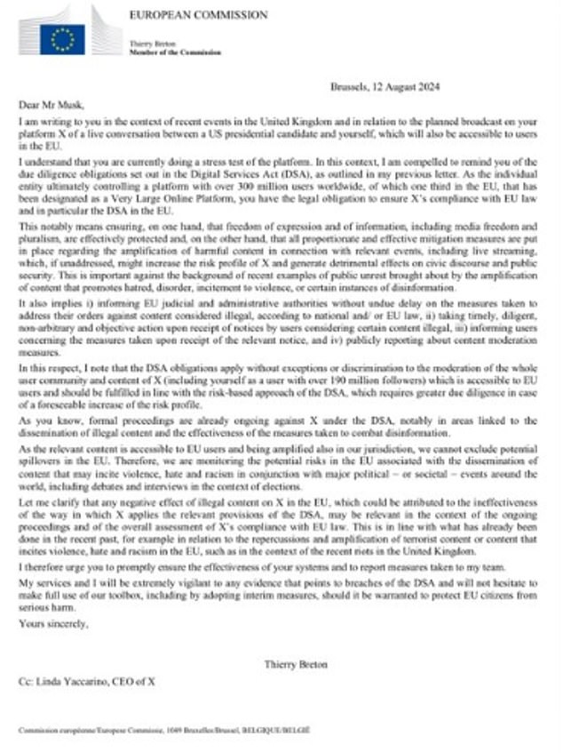 In his letter to Musk, Breton gave the South African-born businessman a stern warning ahead of his broadcast with Trump.