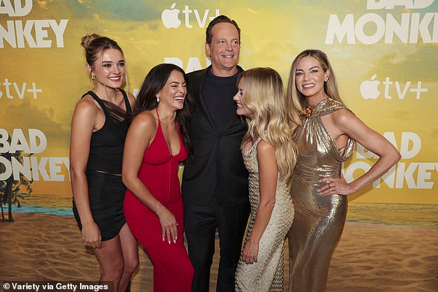 The cast had big smiles on their faces as they posed for photos together; pictured L-R Charlotte Lawrence, Natalie Martinez, Vince Vaughn, Meredith Hagner and Michelle Monaghan