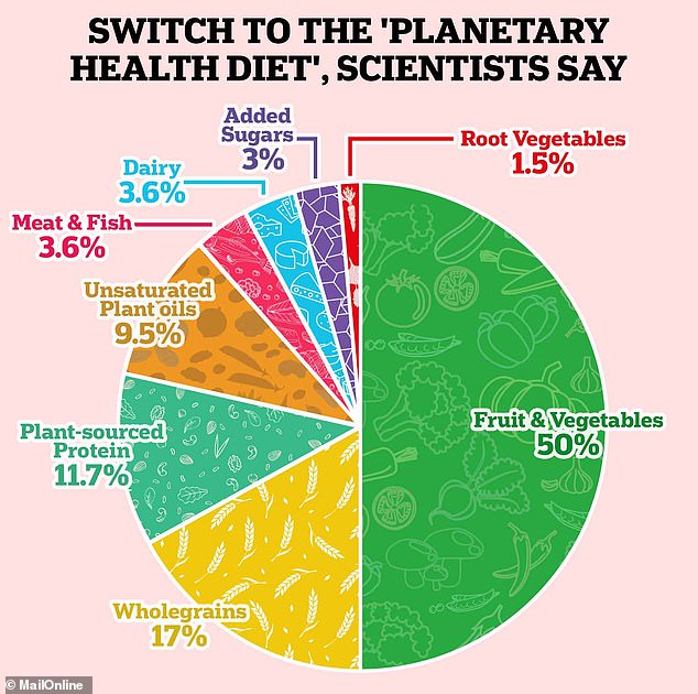 Experts suggest limiting the intake of 'animal protein' (meat and fish) to 3.6 percent of our total food consumption. Dairy intake is the same (3.6 percent), while the rest of the diet consists of whole grains (17 percent), vegetable proteins (11.7 percent), unsaturated vegetable oils (9.5 percent), added sugars (3 percent) and starchy vegetables (1.5 percent).