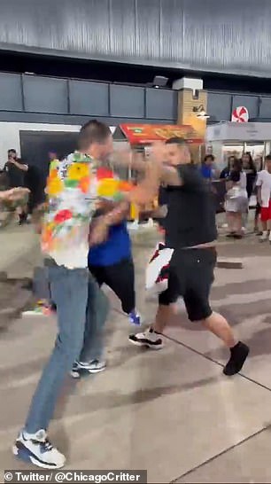 Much of the violence can be attributed to two men: a taller fighter in a brightly colored shirt and his smaller opponent in a white tank top