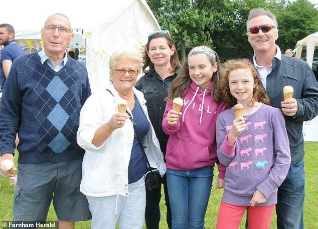 Thorpe with his wife Amanda, their two daughters Kitty, now 22, and Emma, ​​now 19, and his parents at the Wrecclesham Village Fete in Surrey in 2016