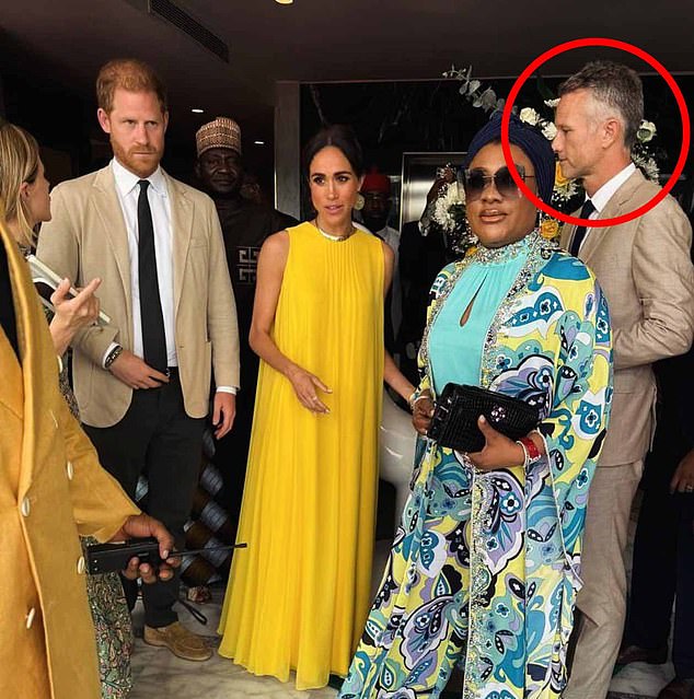 Prince Harry and Meghan Markle with Josh Kettler (circled) at their side during their stay in Nigeria in May