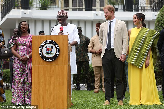 Harry and Meghan at the State Governor House in Lagos on May 12 during their tour of Nigeria