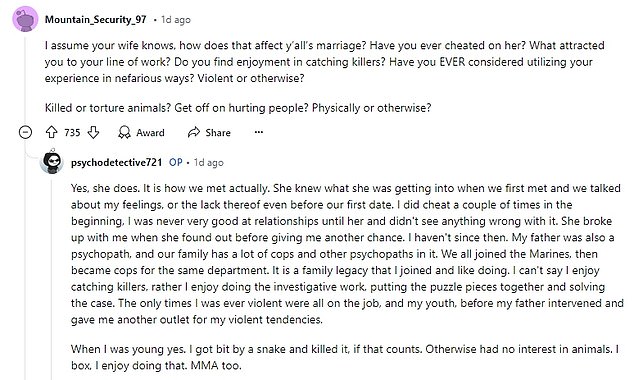 The anonymous police official revealed that he was married to a marriage counselor and had a daughter, who had also been diagnosed as a psychopath.