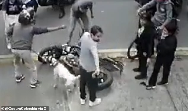 A man holding a dog gets into an altercation with residents after he stops at the scene where an alleged robber was brutally beaten in La Magdalena, a neighborhood in Bogotá, the capital of Colombia