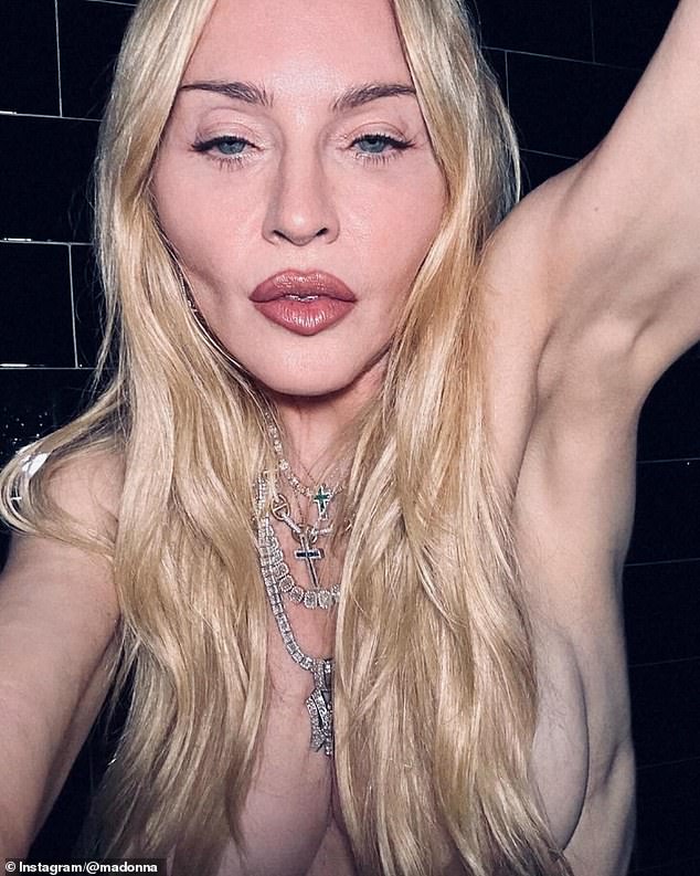 The 65-year-old megastar took to Instagram to share a gallery of snaps that showed her bare chest behind her blonde locks