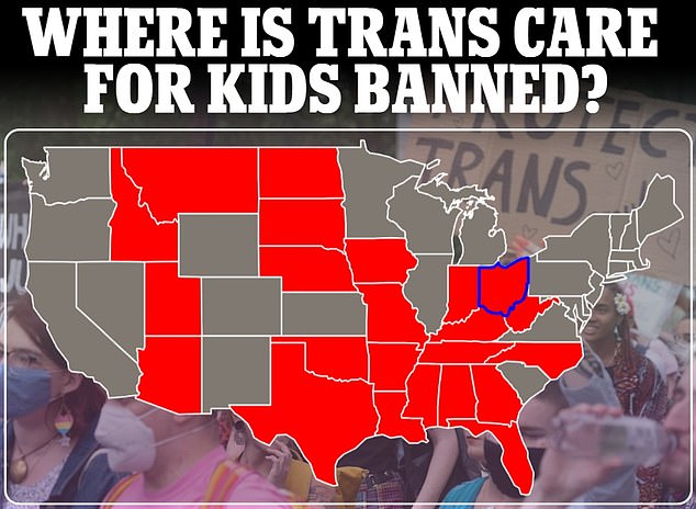 The map above shows the states that have banned aspects of gender-affirming care for children