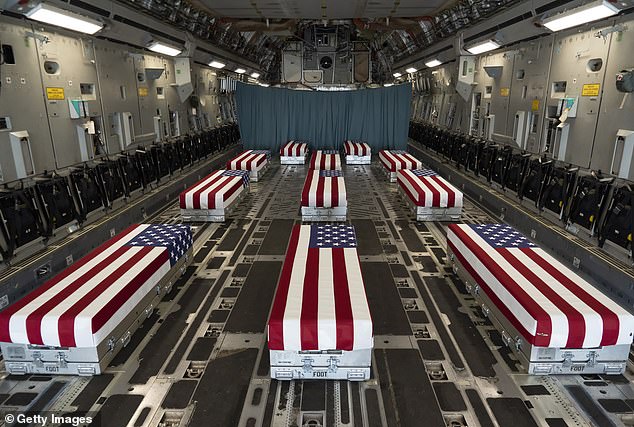 Coffins for the 13 fallen service members returned to the U.S. on August 29, 2021 aboard a military C-17