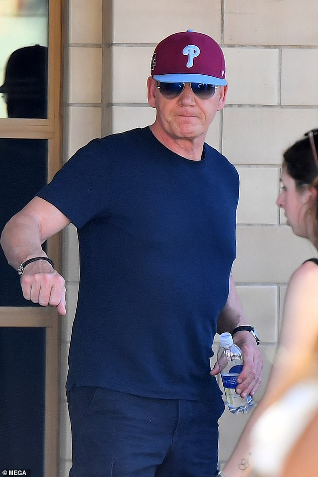 The Kitchen Nightmares star wore a baseball cap and a navy T-shirt with shorts for the outing, which he teamed with a pair of trainers